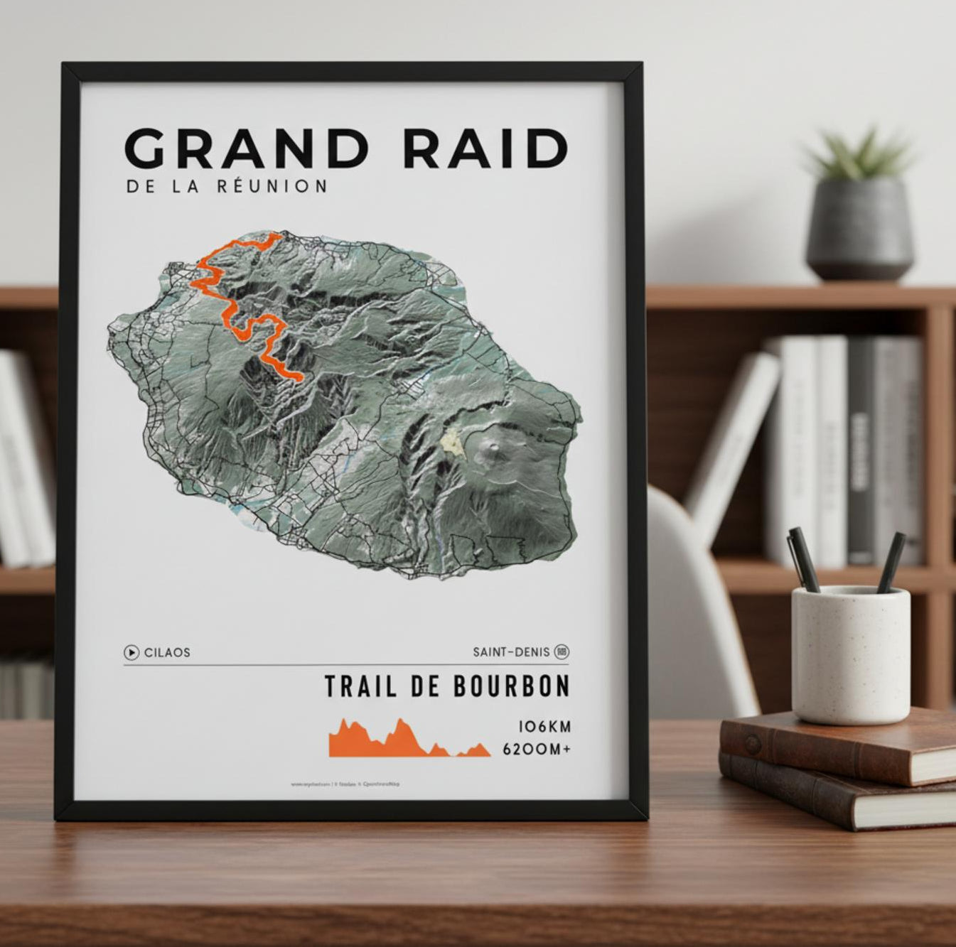Framed Poster of Grand Raid De La Reunion Trail De Bourbon Light Bookshelf