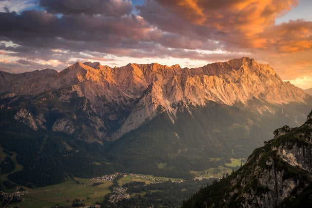 View of the mountains and valleys near the Zugspitze