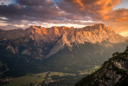 View of the mountains and valleys near the Zugspitze