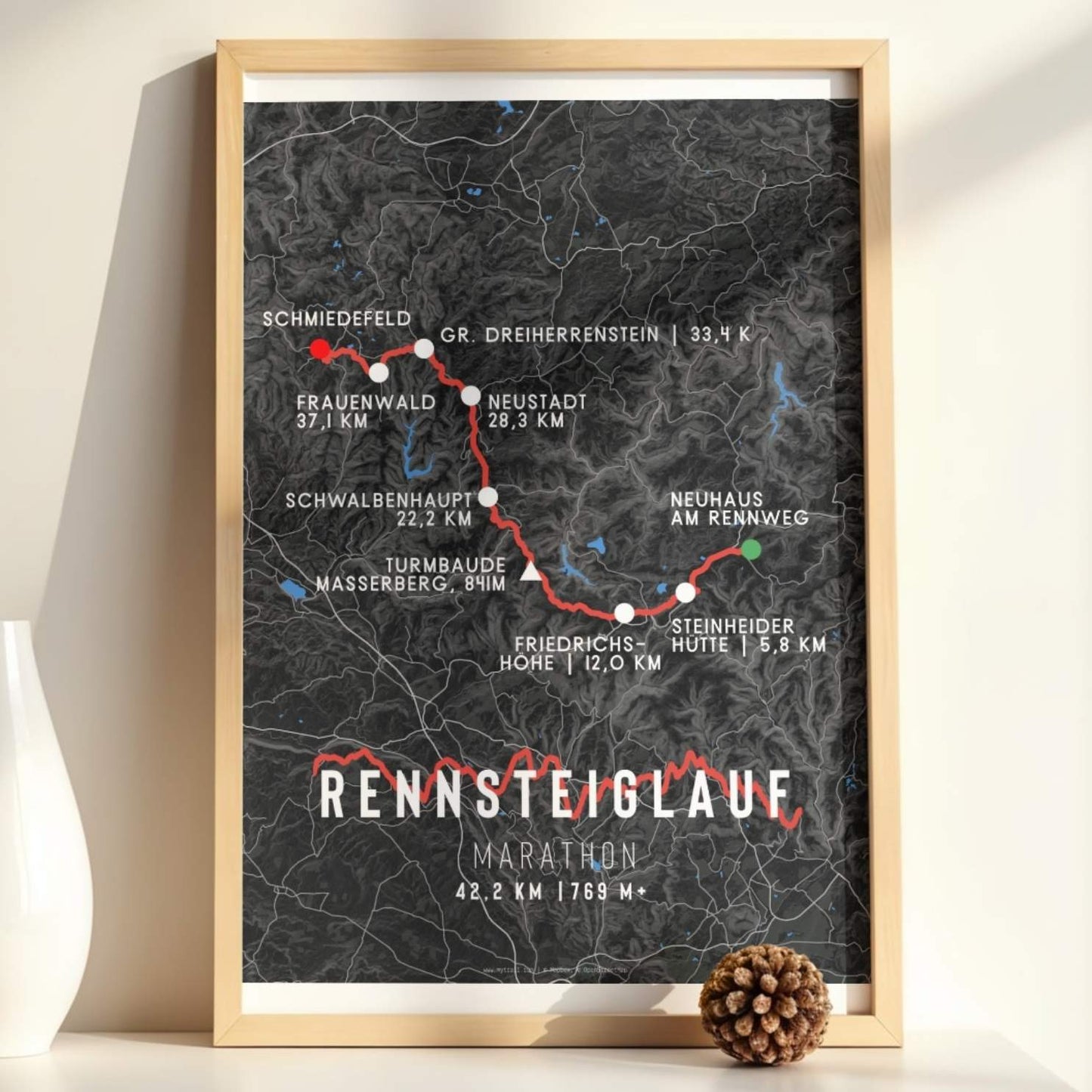 Framed map of the Rennsteiglauf Marathon route with key locations labeled