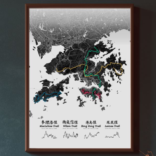 The HK4TUC Poster showing all four trails on a dark Hong Kong map.