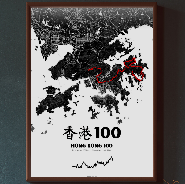 A framed poster of the HK100 route on a map of Hong Kong.