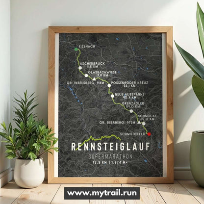Framed map of the Rennsteiglauf Supermarathon route on a wall with plants on either side