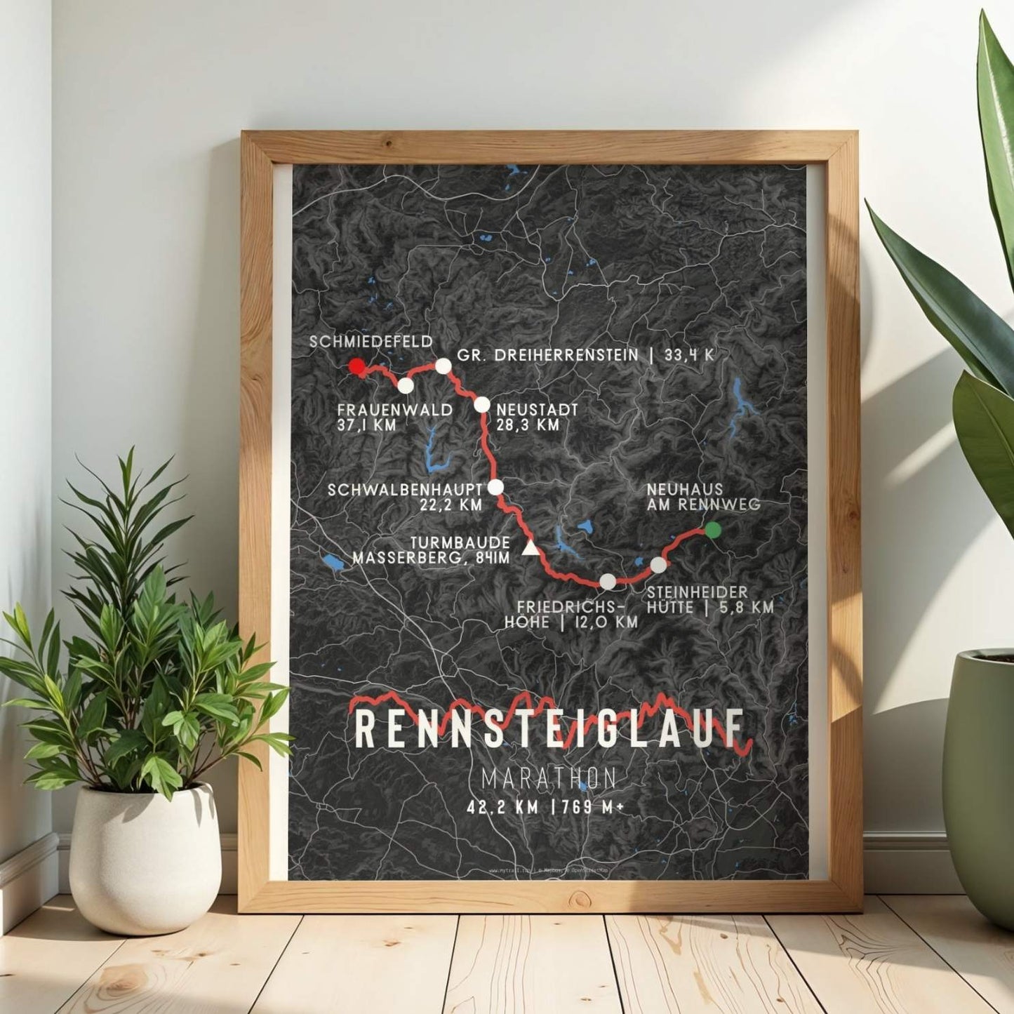Framed map of the Rennsteiglauf marathon route on a wall with plants on either side.
