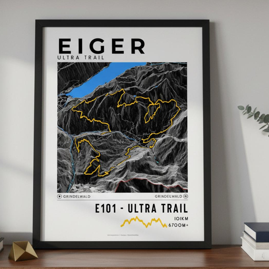 Framed poster of e101 eiger ultra trail dark bookshelf