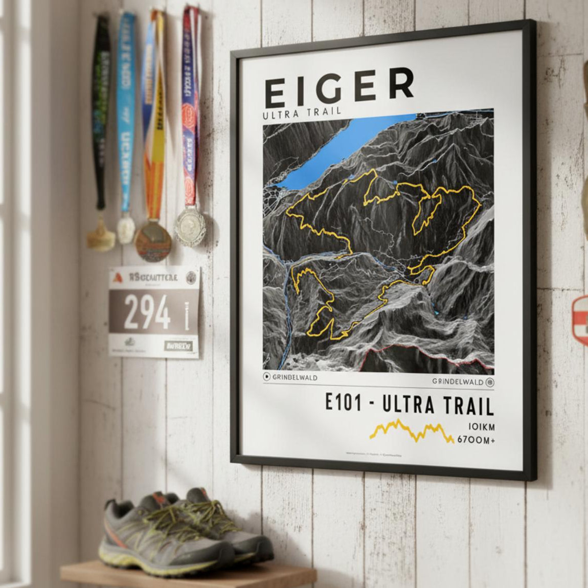 Framed poster of e101 eiger ultra trail dark finisher wall