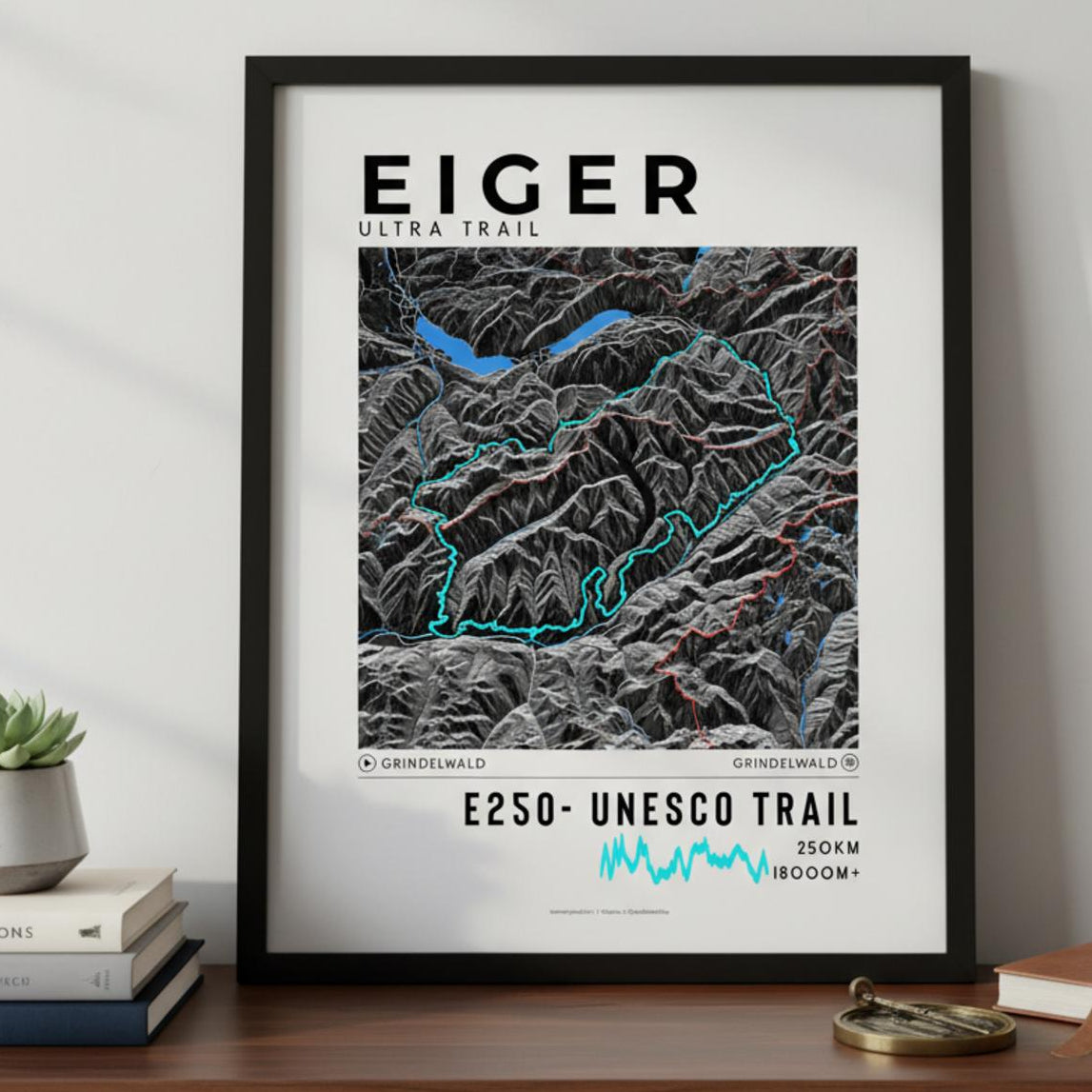 Framed poster of e250 eiger ultra trail dark bookshelf