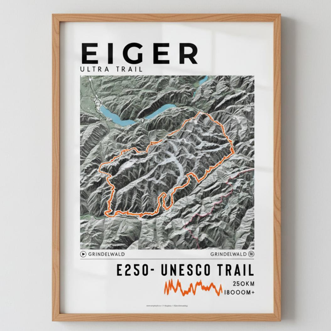 Framed poster of e250 eiger ultra trail light ecommerce studio
