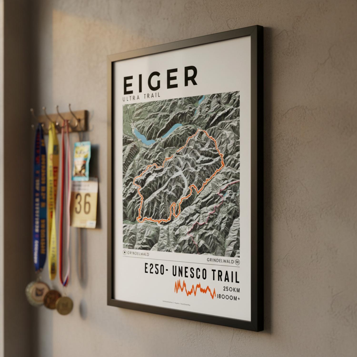 Framed poster of e250 eiger ultra trail light finisher wall