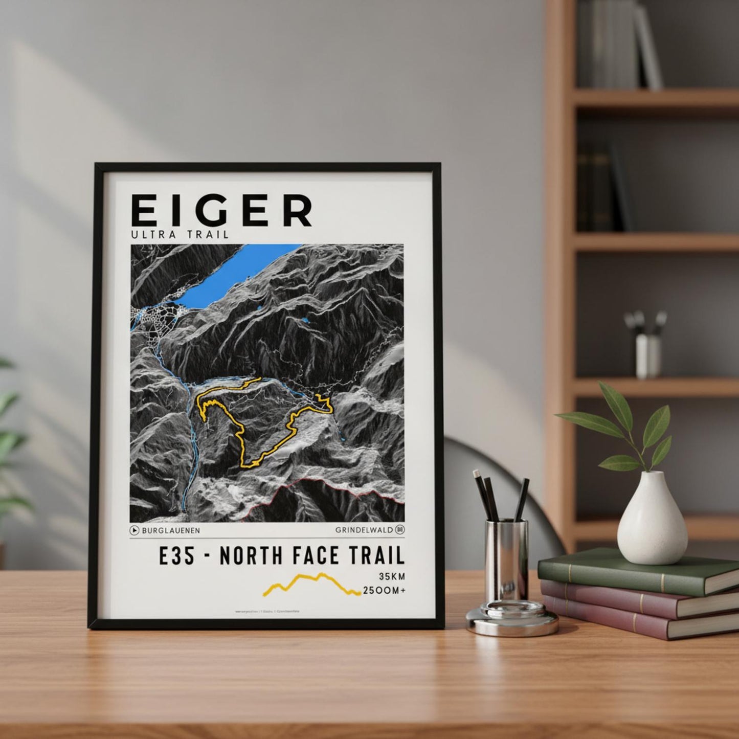 Framed poster of e35 eiger ultra trail dark bookshelf
