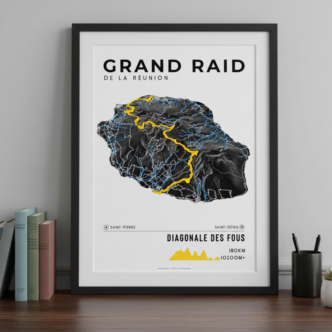Framed Poster of Grand Raid De La Reunion Diagonale Des Fous Dark Bookshelf