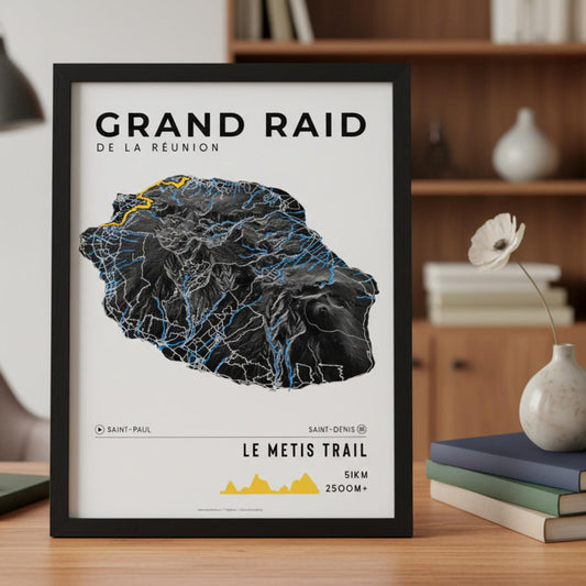 Framed Poster of Grand Raid De La Reunion Le Metis Trail Dark Bookshelf