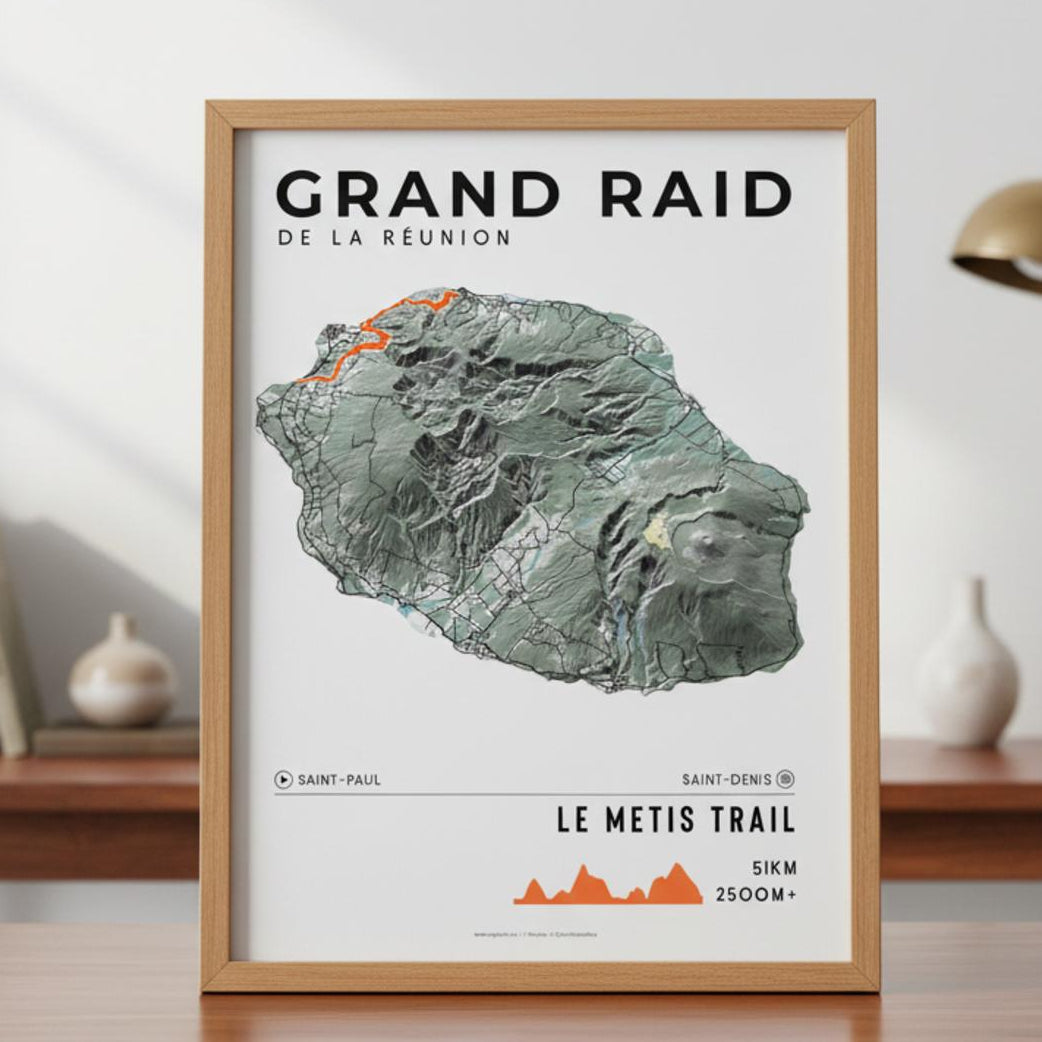 Framed Poster of Grand Raid De La Reunion Le Metis Trail Light Bookshelf