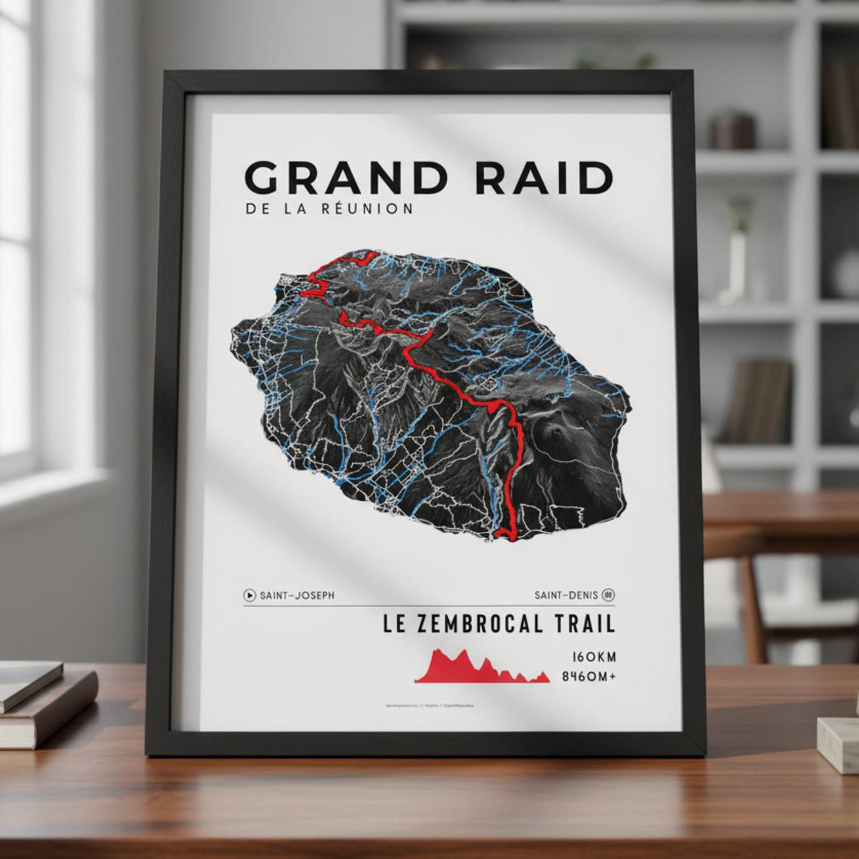 Framed Poster of Grand Raid De La Reunion Le Zembrocal Trail Dark Bookshelf