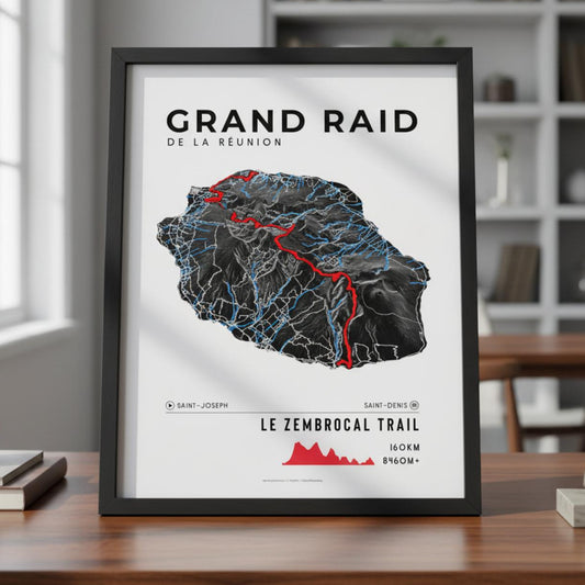 Framed Poster of Grand Raid De La Reunion Le Zembrocal Trail Dark Bookshelf