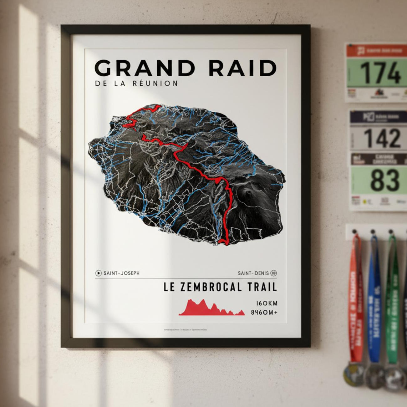Framed Poster of Grand Raid De La Reunion Le Zembrocal Trail Dark Finisher Wall