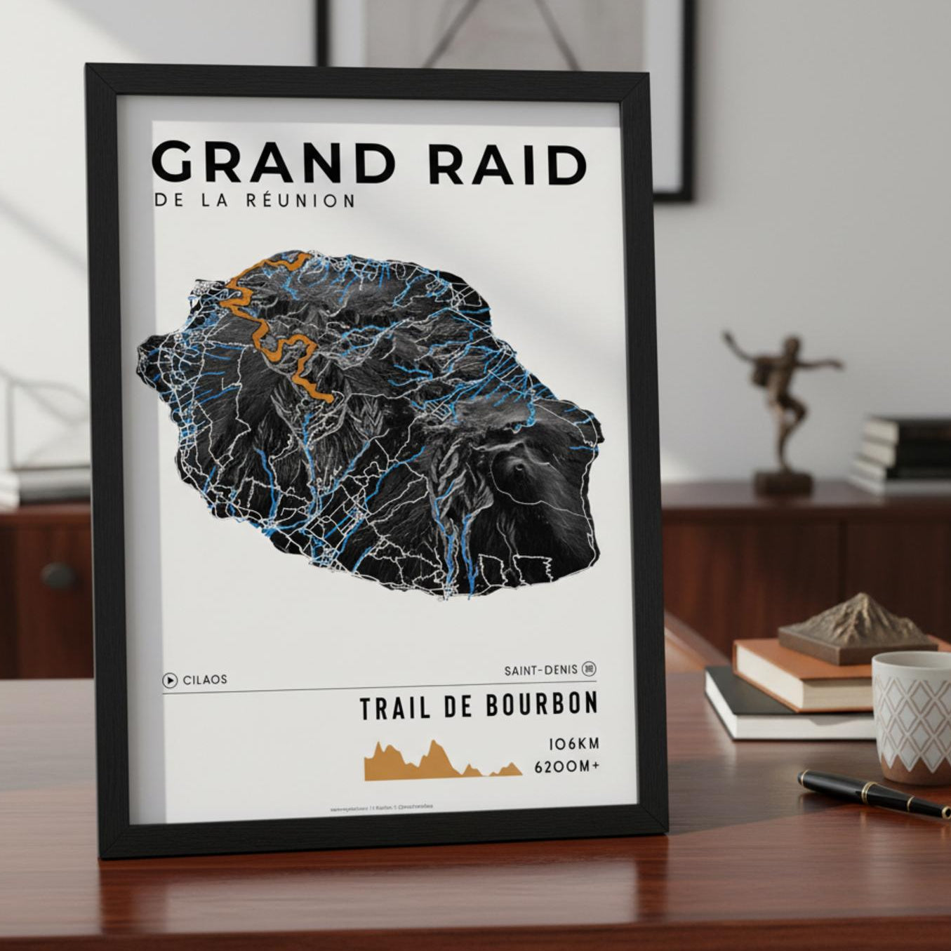 Framed Poster of Grand Raid De La Reunion Trail De Bourbon Dark Bookshelf