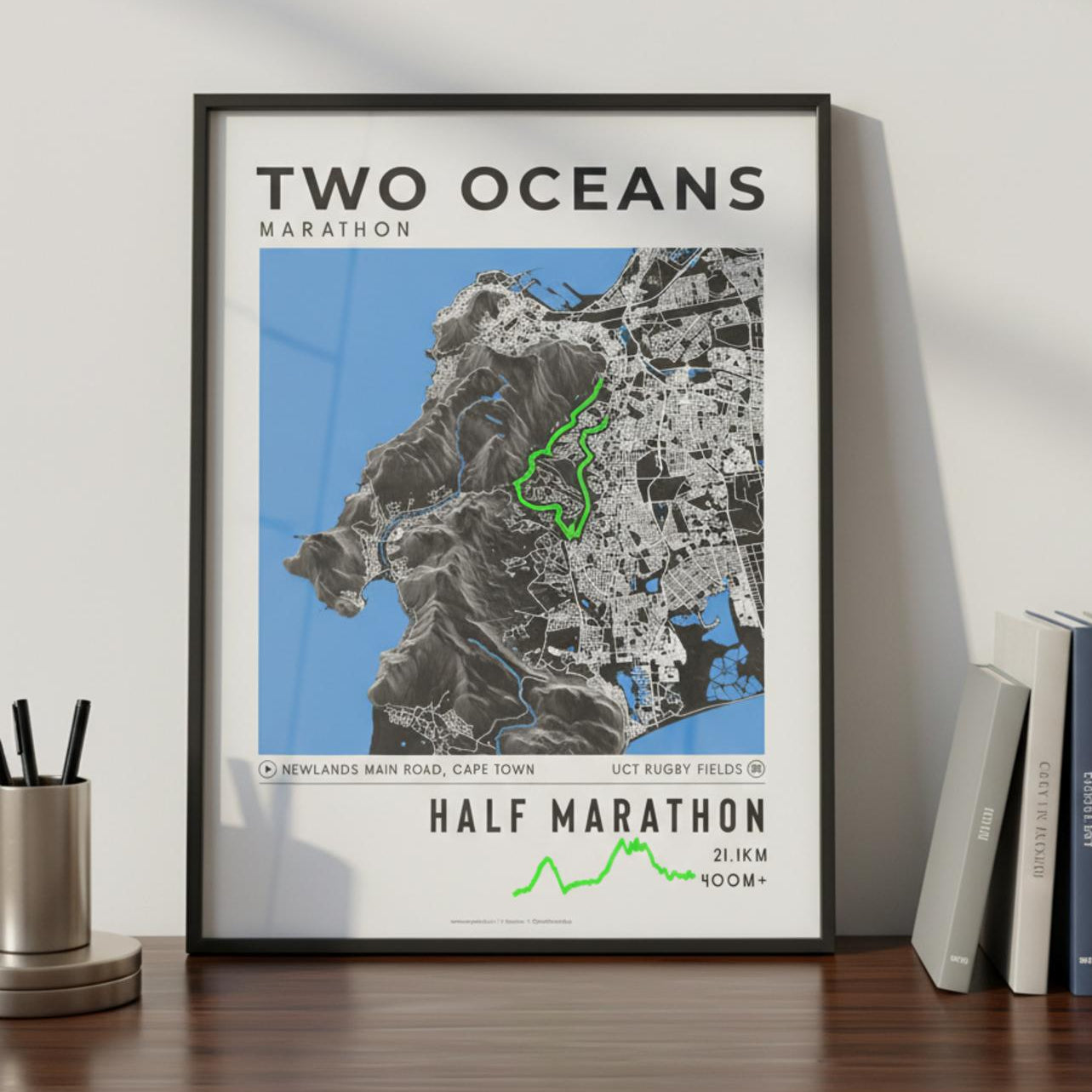 Framed Poster of Half Marathon Two Oceans Marathon Dark Bookshelf
