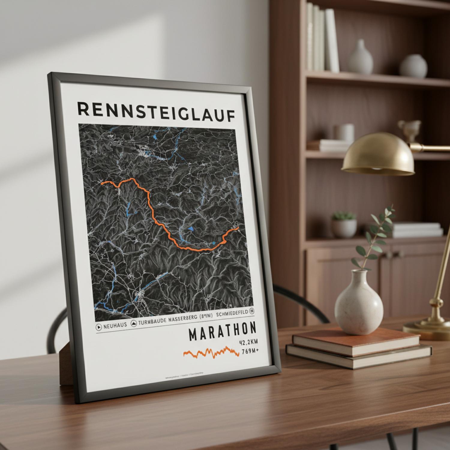 Framed Poster of Marathon Rennsteiglauf Dark Bookshelf