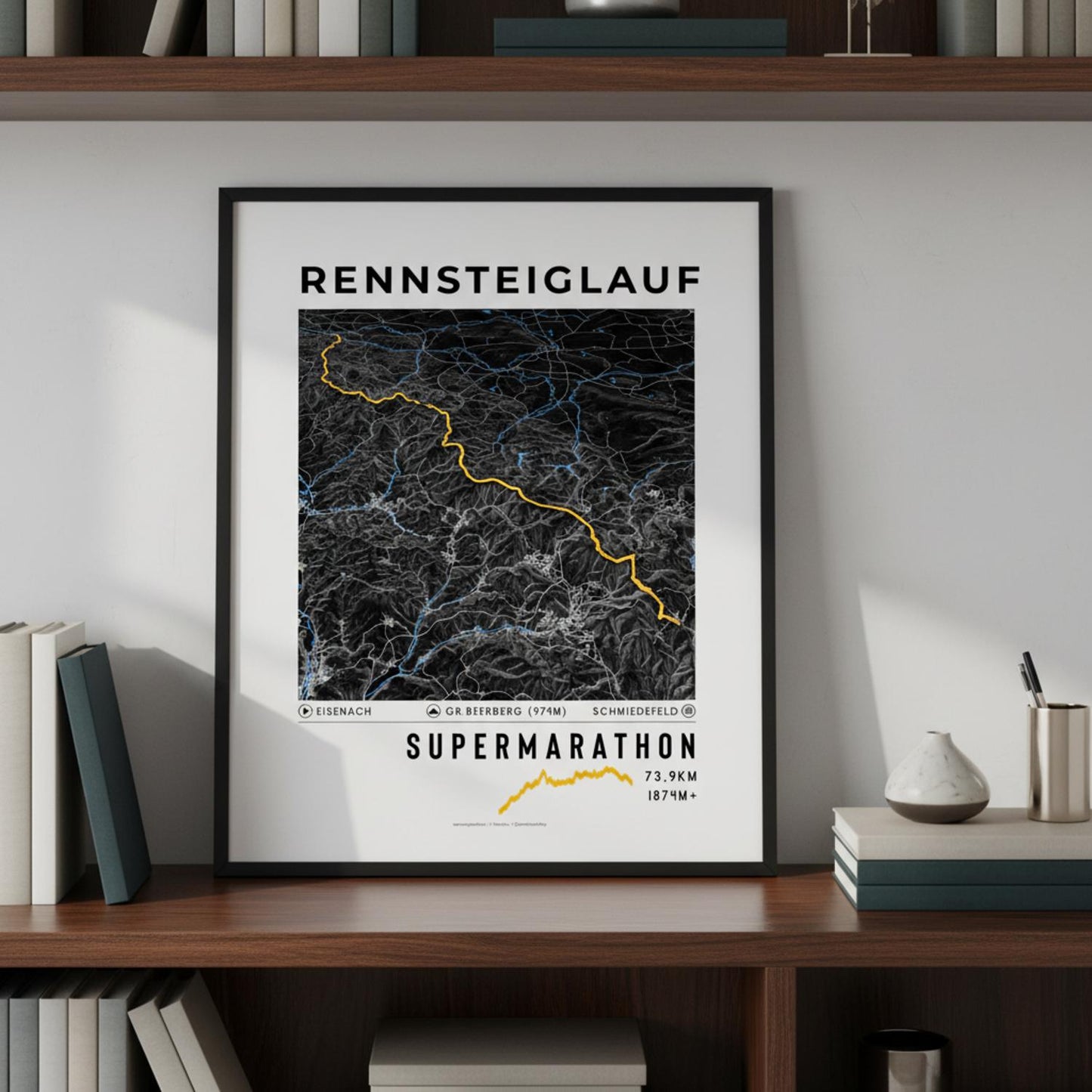Framed Poster of Supermarathon Rennsteiglauf Dark Bookshelf