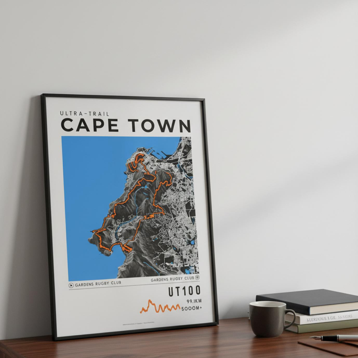 Framed Poster of UT100 Ultra Trail Cape Town Dark Bookshelf